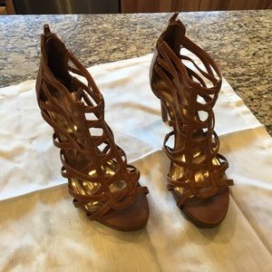 Strappy brown leather heels